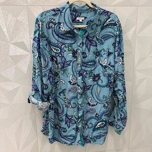 Talbots Top Womens XL Blue Paisley Floral Chiffon Button Up Roll Tab Sleeve Boho